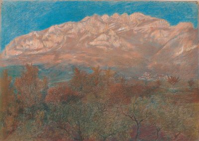 Landschaft mit dem rosa und lila Berg Resegone hinter dem Laub der Bäume unter einem blauen Himmel von Unbekannt