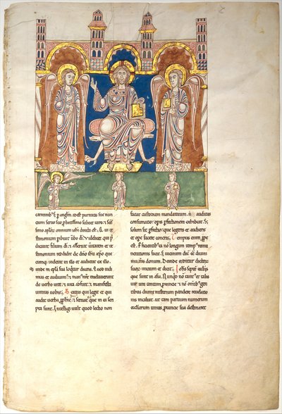Blatt aus einem Beatus-Manuskript: Christus in Majestät mit Engeln und dem Engel Gottes..., ca. 1180 von Unbekannt