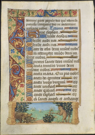 Blatt aus einem Stundenbuch: Affen jagen Wildschweine, um 1500-1510 von Unbekannt