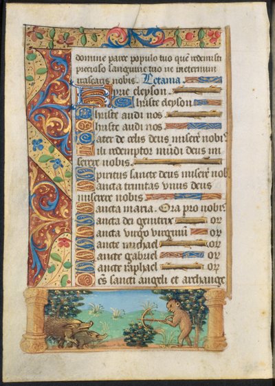 Blatt aus einem Stundenbuch: Affen jagen Wildschweine recto und Affen fischen verso, ca. 1500-1510 von Unbekannt
