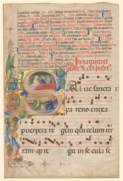 Blatt aus einem Graduale: Historisierte Initiale S[alve Sancta Parens] mit Geburt der Jungfrau recto, ca. von Unbekannt
