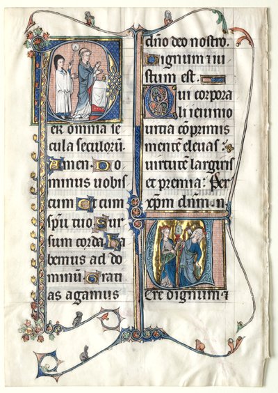 Blatt aus einem Messbuch mit zwei historisierten Initialen: Initiale P[er omnia saecula saeculorum]..., ca. 1300 von Unbekannt