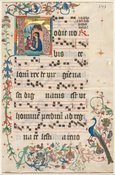 Blatt aus einem Antiphonar: Initiale H mit der Geburt Christi recto und Text verso, ca. 1480 von Unbekannt