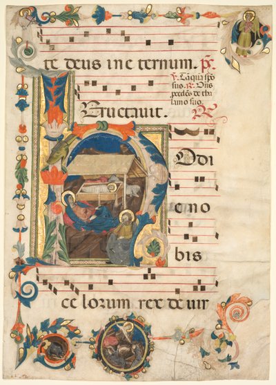Blatt aus einem Antiphonar mit historiierter Initiale H mit der Geburt Christi recto, frühe 1300er von Unbekannt