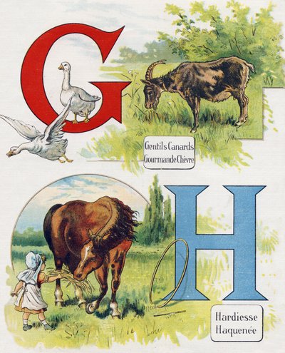 Buchstaben G und H: Gute Enten, gierige Ziege, Kühnheit und Haquenee. Gravur im „ABC L