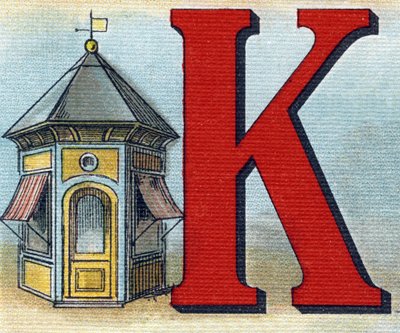 Buchstabe K: Kiosk. Gravur in "Alphabet de ma petite fille". Bernardin-Bechet und Fils, Buchhändler-Verleger, Paris, um 1895. Unzerbrechliches Album auf Leinwand. Bibliotheque des Bebes. 12 Seiten. Album mit einer Lesemethode und einem illustrierten Abeced von Unbekannt