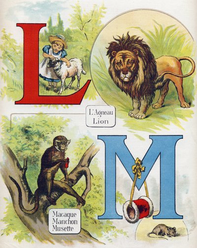 Buchstaben L und M: Lamm und Löwe, Makak, Ärmel und Musette. Gravur in "ABC L