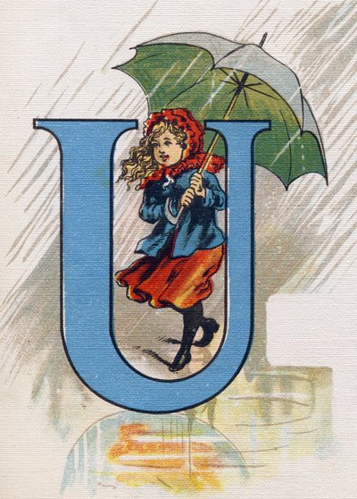 Buchstabe U: Ursula im Regen mit einem Regenschirm. Gravur in "ABC L