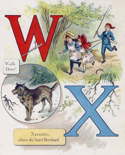 Buchstaben W und X: Spaziergang und Xoumi, Hund von Saint Bernard. Gravur in "ABC L