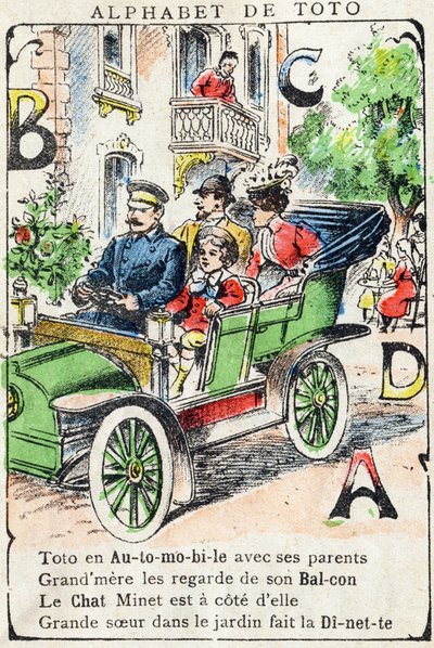 Buchstaben A B C D Auto Balkon Katze Puppenstube. Gravur in "Alphabet de Toto", Ende des 19. Jahrhunderts. Pont-a-Mousson Bildgebung. Louis Vagne, Drucker-Verleger. 12 Seiten. von Unbekannt