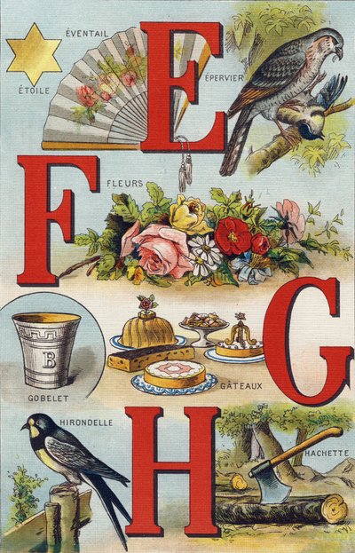 Buchstaben E F G H; Schwalbe; Fächer; Blumen; Kuchen; Tasse; Hachette; Schwalbe. Gravur in "Alphabet de ma petite fille". Bernardin-Bechet und Fils, Buchhändler-Verleger, Paris, um 1895. Unzerbrechliches Album auf Leinwand. Bibliotheque des Bebes. 12 Seite von Unbekannt