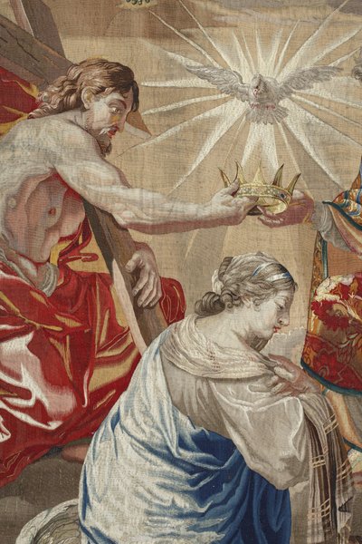 Leben der Jungfrau: „Die Krönung der Jungfrau“ Detail, das Jesus und die Taube des Heiligen Geistes über der Jungfrau darstellt - Woll- und Seidentapisserie aus der Werkstatt von Pierre Damour nach Zeichnungen von Charles Poerson (1609-1667) von Unbekannt