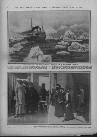 Liner in einem Eisfeld und Menschen, die auf Nachrichten über die Titanic-Katastrophe warten, 20. April 1912 von Unbekannt