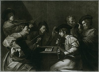 Laute, Geige und schwarzer gebogener Zink, italienischer Stich aus dem Jahr 1784 von Unbekannt