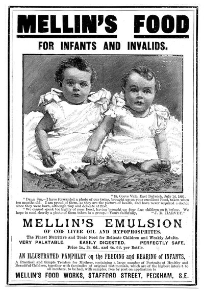 Werbeanzeige für Mellins Emulsion, ein Nahrungsergänzungsmittel auf Basis von Lebertran, um 1890 von Unbekannt