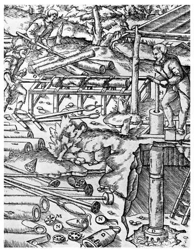 Herstellung und Verwendung von Ulmenbaum-Pumpen zur Entwässerung von Minen vor der Zeit der Dampfmaschine, 1556, 1956 von Unbekannt