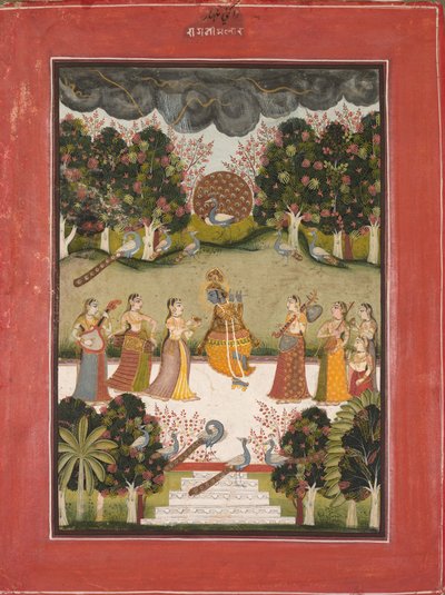 Malar Ragini: Krishna spielt die Flöte für sieben Gopis, die Musikinstrumente halten..., um 1760 von Unbekannt