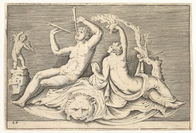 Mann, der zwei Flöten spielt, und Frau auf Löwenfell, veröffentlicht ca. 1599-1622 von Unbekannt