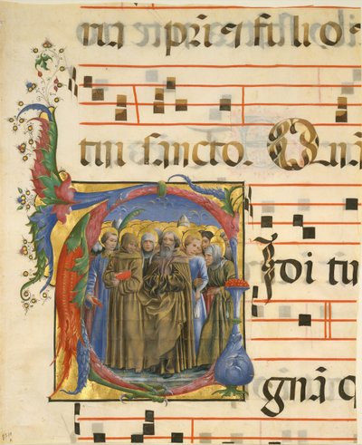 Manuskript-Illumination mit allen Heiligen in einem Initial V, aus einem Antiphonar, Italien, 1450-60 von Unbekannt