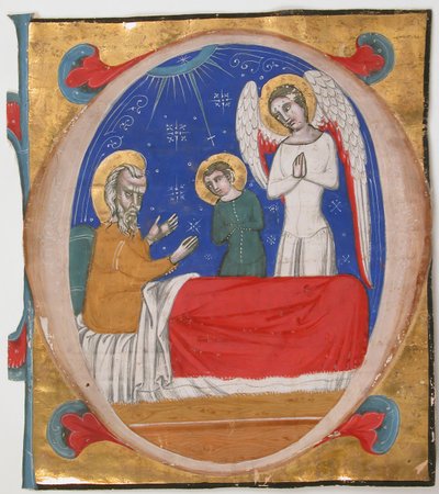 Manuskript-Illumination mit Tobit, Tobias und dem Erzengel Raphael in einem Initial O..., Mitte des 14. Jahrhunderts von Unbekannt