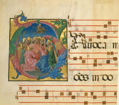 Manuskriptillumination mit der Himmelfahrt der Jungfrau in einer Initiale G..., italienisch, 1450-60 von Unbekannt