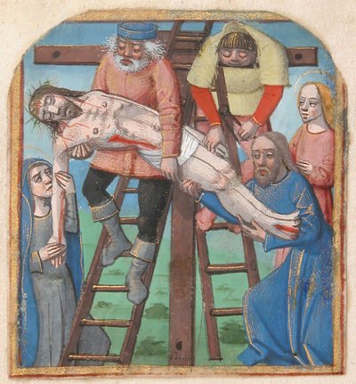 Manuskript-Illumination mit der Kreuzabnahme, aus einem Stundenbuch, spätes 15. Jahrhundert von Unbekannt