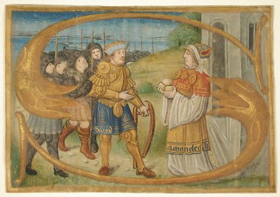 Manuskriptblatt-Ausschnitt wahrscheinlich aus einem Missale mit einer illuminierten Initiale S und König von Unbekannt