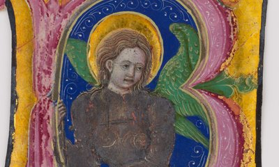 Manuskriptblatt-Ausschnitt aus einem Chorbuch mit einer illuminierten Initiale B..., 2. Hälfte des 15. Jahrhunderts von Unbekannt
