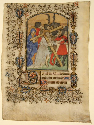 Manuskriptblatt aus einem Stundenbuch... Illuminierte Initiale D und Christus trägt das Kreuz, 1390-140 von Unbekannt