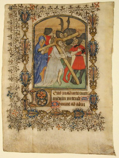 Manuskriptblatt aus einem Stundenbuch mit einer illuminierten Initiale D und Christus..., 1390-1400 von Unbekannt
