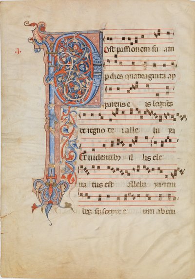 Manuskriptblatt mit verziertem Initial P, aus einem Antiphonar, ca. 1250-60 von Unbekannt