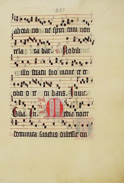 Manuskriptblatt mit Initiale M, aus einem Antiphonar, deutsch, zweites Viertel des 15. Jahrhunderts von Unbekannt