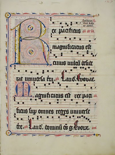Manuskriptblatt mit Initiale R, aus einem Antiphonar, deutsch, zweites Viertel des 15. Jahrhunderts von Unbekannt