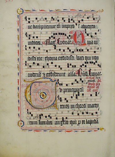 Manuskriptblatt mit Initiale T, aus einem Antiphonar, deutsch, zweites Viertel des 15. Jahrhunderts von Unbekannt