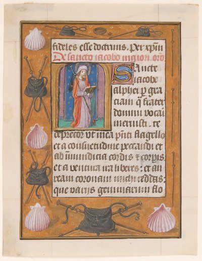 Manuskriptblatt mit dem Heiligen Jakobus dem Älteren, aus einem Stundenbuch, ca. 1500 von Unbekannt