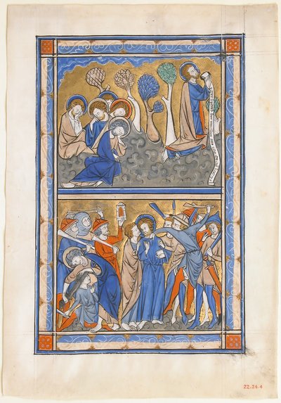 Manuskriptblatt mit der Agonie im Garten und dem Verrat Christi, aus einem königlichen Psalter, ca. 1270 von Unbekannt
