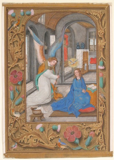 Manuskriptblatt mit der Verkündigung, aus einem Stundenbuch, ca. 1500-1525 von Unbekannt