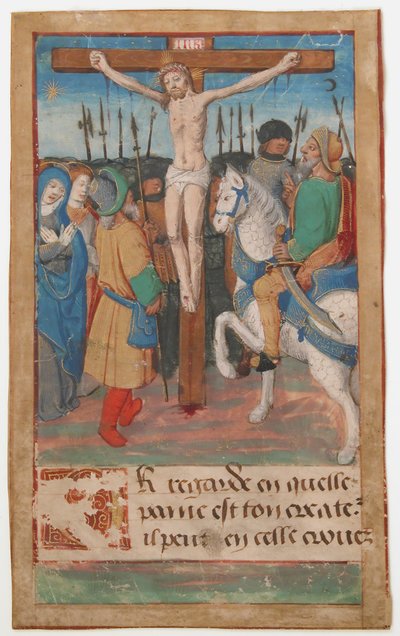 Manuskriptblatt mit der Kreuzigung, aus einem Stundenbuch, 15. Jahrhundert von Unbekannt