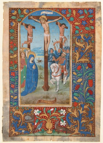 Manuskriptblatt mit der Kreuzigung, aus einem Stundenbuch (letztes Viertel des 15. Jahrhunderts) von Unbekannt