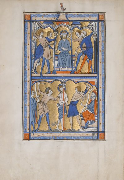 Manuskriptblatt mit der Verspottung und Geißelung Christi, aus einem königlichen Psalter, 13. Jahrhundert von Unbekannt