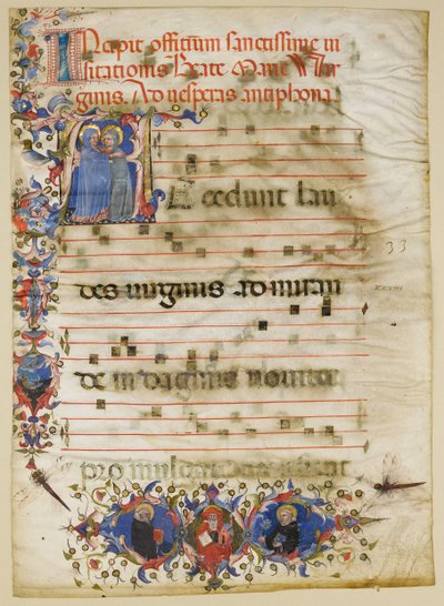 Manuskriptblatt mit der Heimsuchung in einem Initial A und Kardinal Adam Easton..., italienisch, ca. 1400 von Unbekannt