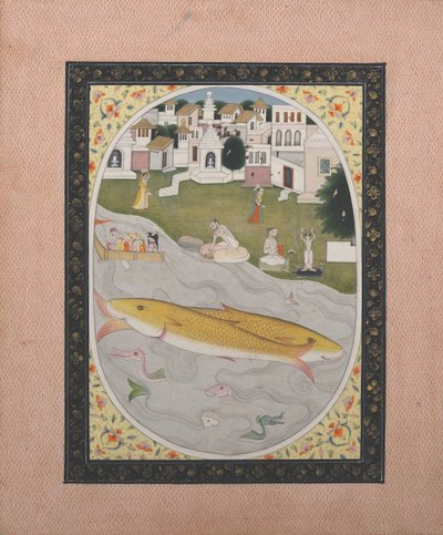 Manuskriptmalerei mit hinduistischer tantrischer Szene, die zwei Fische darstellt, 1800-1820 von Unbekannt