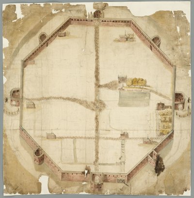 Karte von 1530, die die geplanten, aber nie ausgeführten Mauern von Den Haag, Niederlande zeigt von Unbekannt