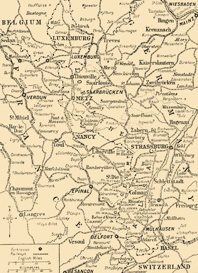 Karte, die die Grenze zwischen Frankreich und Deutschland zeigt, Erster Weltkrieg, ca. 1915, ca. 1920 von Unbekannt