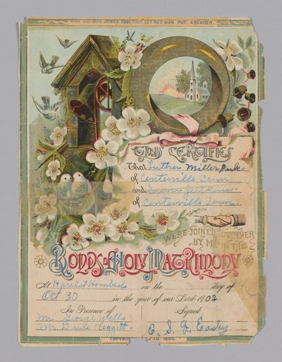 Heiratsurkunde von Luther Miller Pulce und Irene Jenkins, 30. Oktober 1902 von Unbekannt