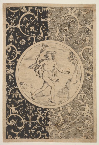 Merkur in einem dekorativen Rahmen mit Grotesken, ca. 1600-1630 von Unbekannt