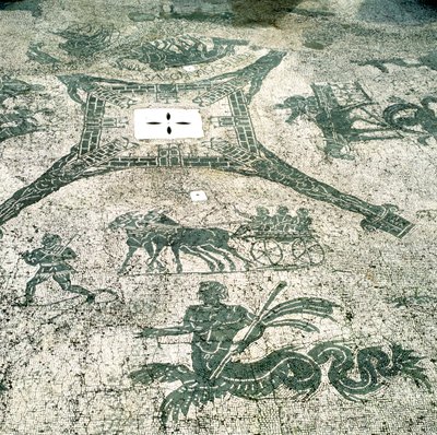 Mosaik, Karren gezogen von Maultieren mit Reisenden, Cisarii, 1. Jahrhundert von Unbekannt