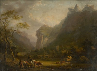Bergtal mit Figurengruppe im Vordergrund von Unbekannt