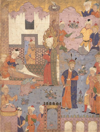 Muhammad belebt den kranken Jungen, Folio aus einem Falnama Buch der Omen von Ja