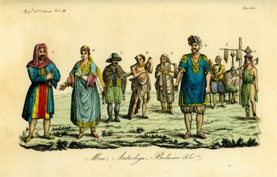 Muslimischer Mann auf der Hadsch nach Mekka 1, muslimische Frau 2, muslimischer Mann in Reisekleidung 3, gewöhnlicher Muslim 4, Derwisch-Heiliger 5, Astrologe oder Tagessa 6, Maultiertreiber 7, Barbier oder Kagiem 8, Beduinenmädchen aus der Nähe von Beja ( von Unbekannt